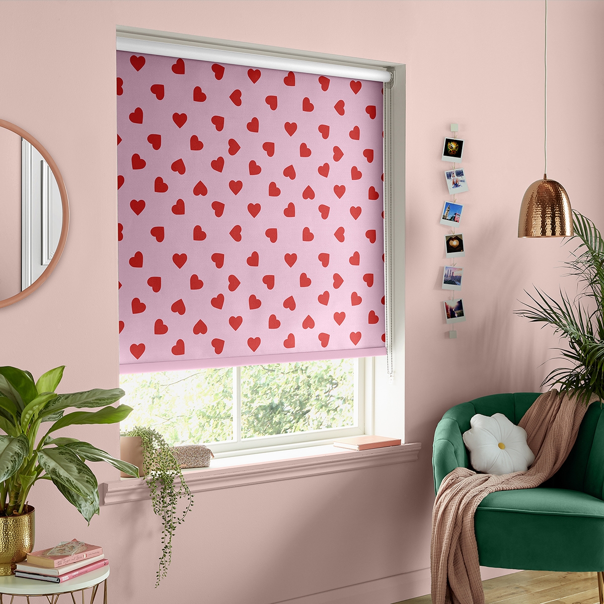 Product photograph of Skinny Dip Hearts Pink Roller Blind from Choice Furniture Superstore.